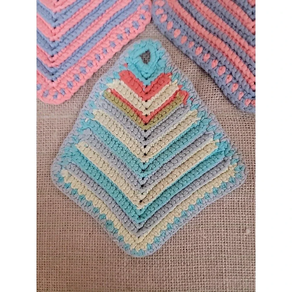 Vintage Hand Crochet/Knitted Pot Holders Hot Pads Multicolor Cotton Set of 3